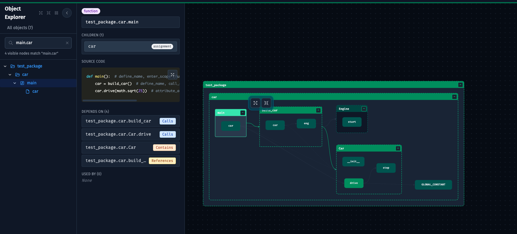 Detail panel showing node metadata and source code
