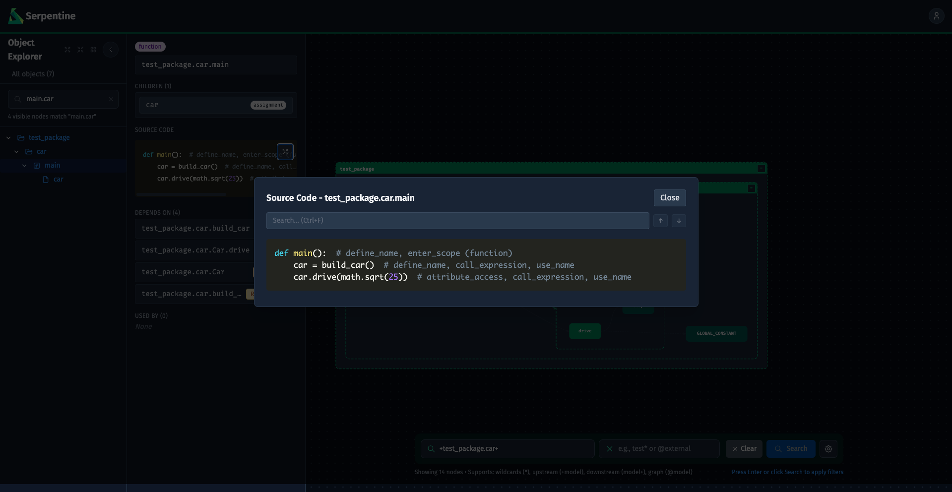 Code modal with in-modal search active
