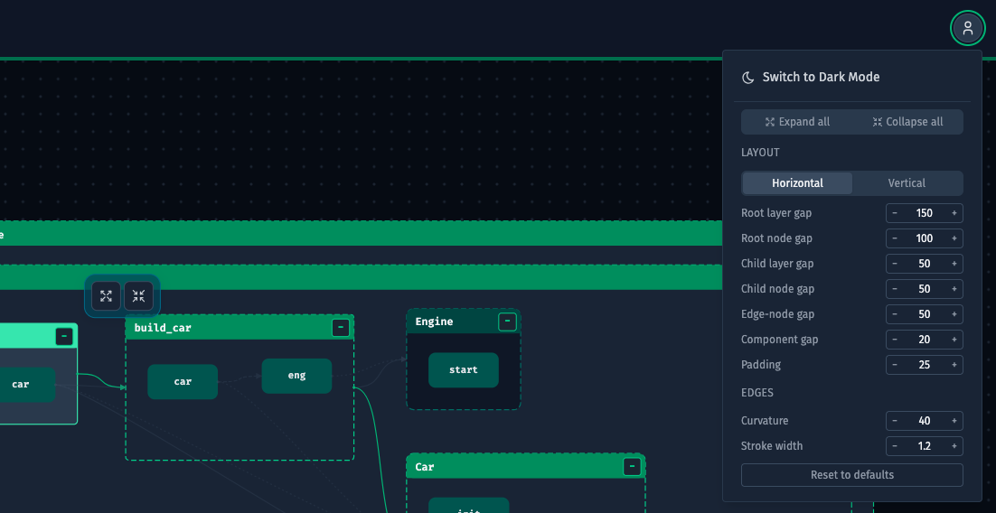 Header settings dropdown open