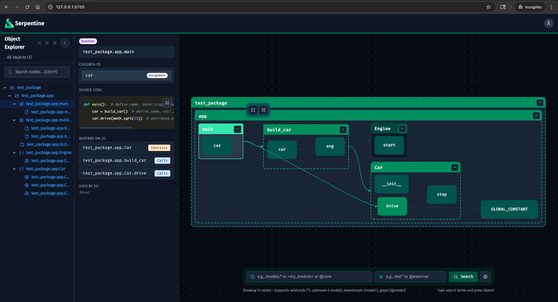 Serpentine visualization — interactive code reference graph